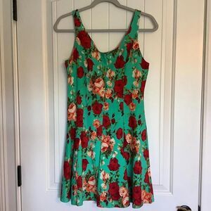 Floral Print A-Line Dress - Teal & Red Roses‎